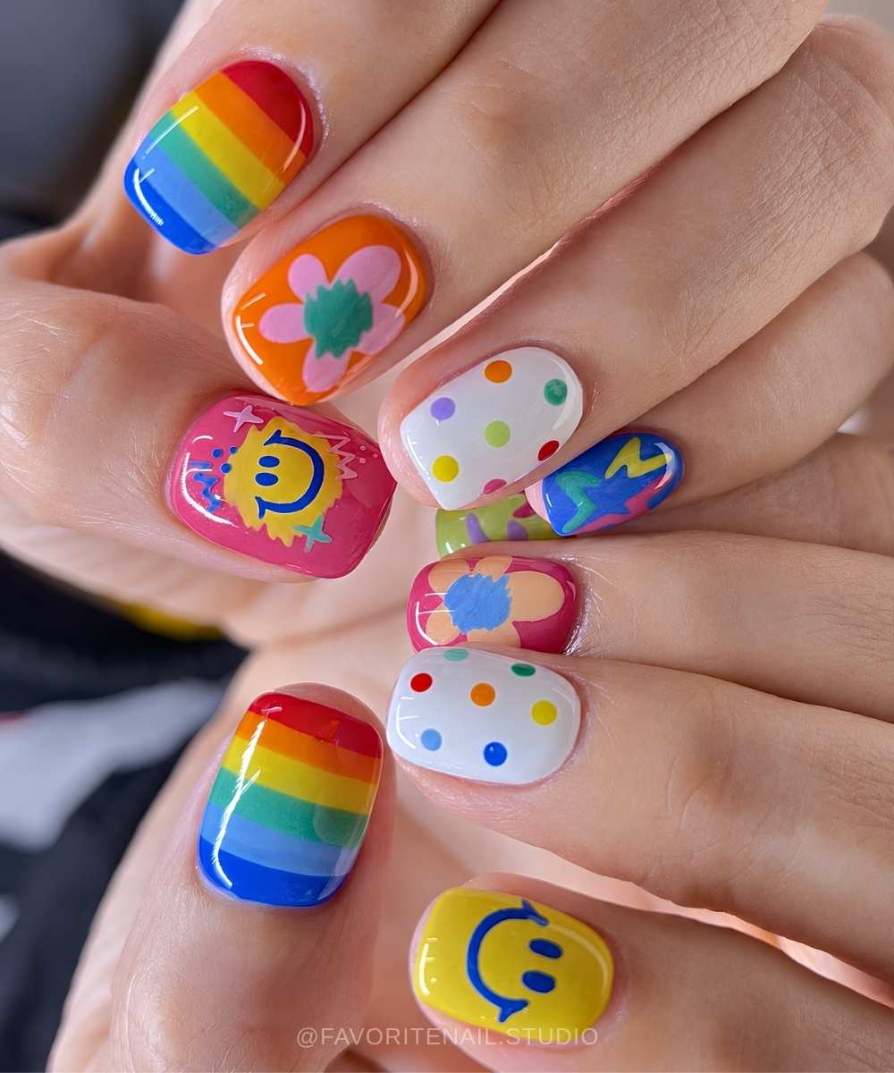 Colorful nails with ranibows and smiley faces