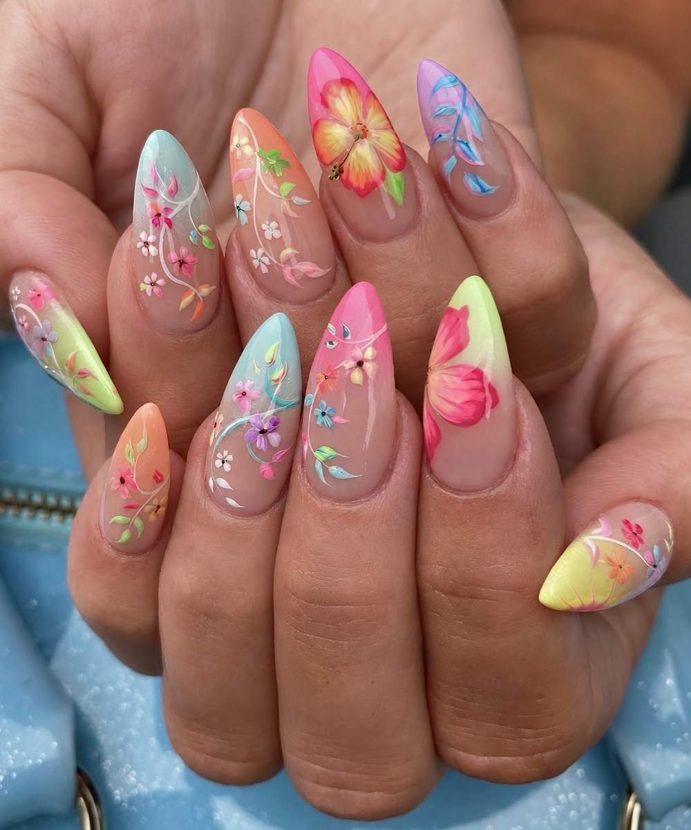 Colorful nails with tropical floral art