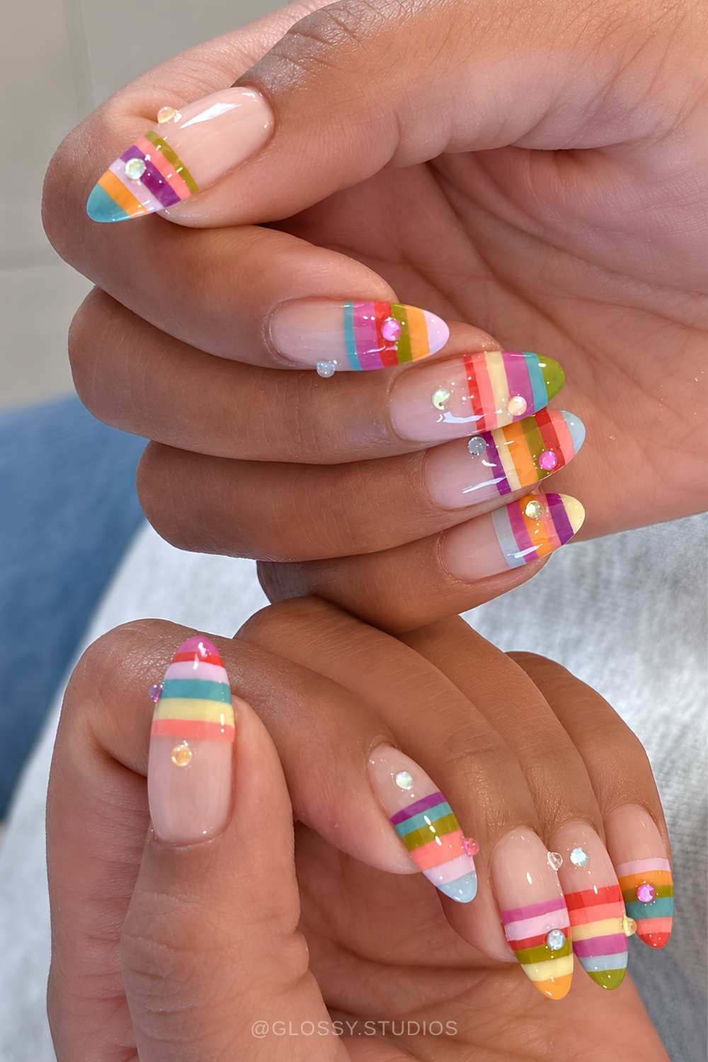 Colorful striped nails with rhinestones