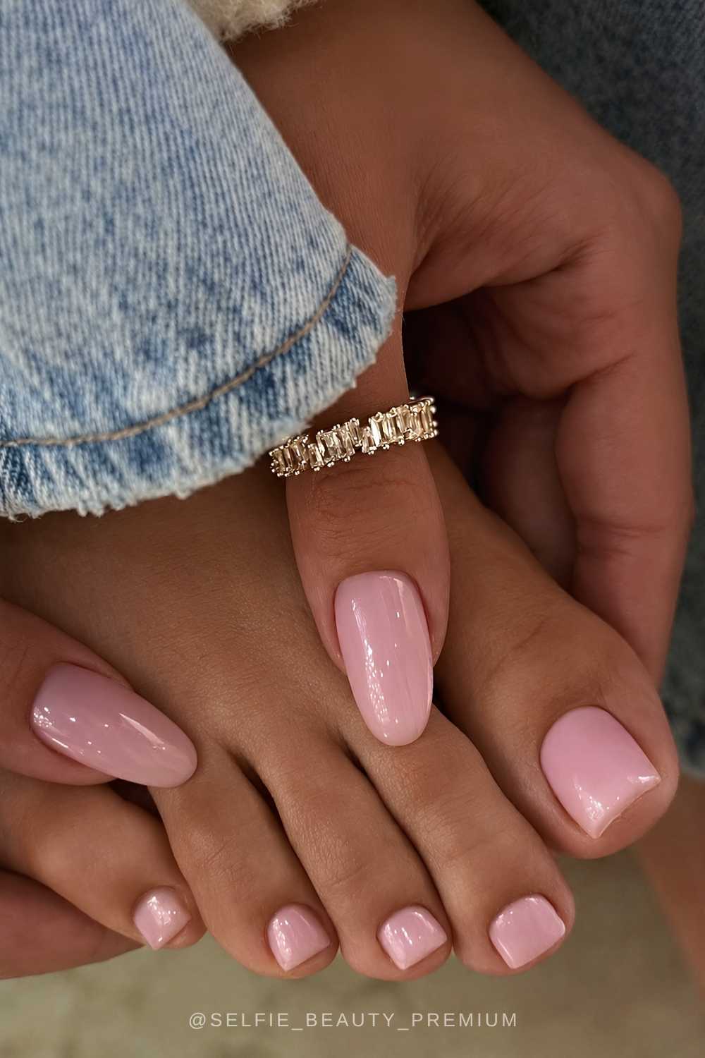 Elegant milky pink manicure and pedicure
