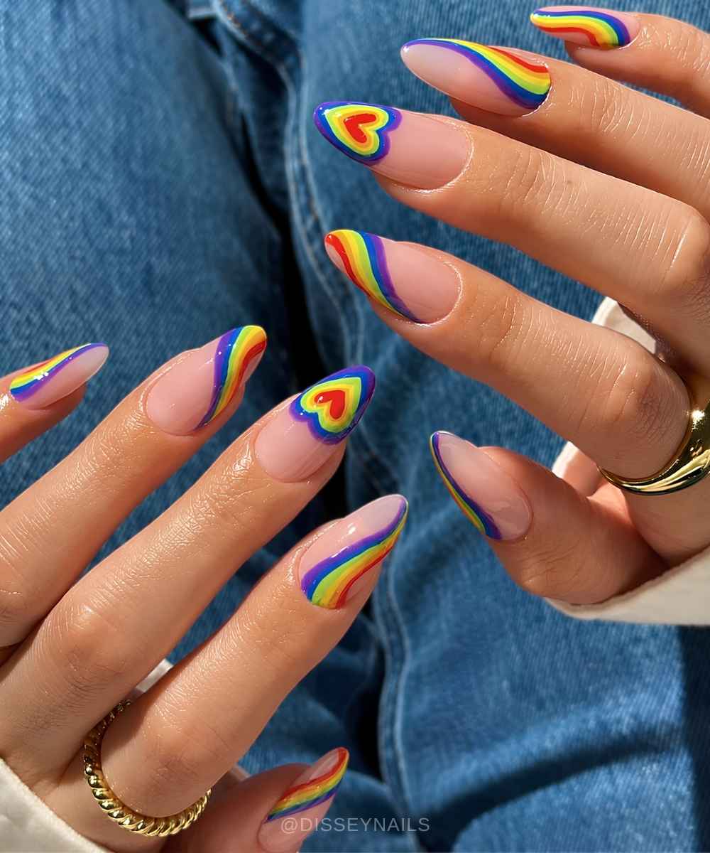 Milky mani with hearts and rainbows