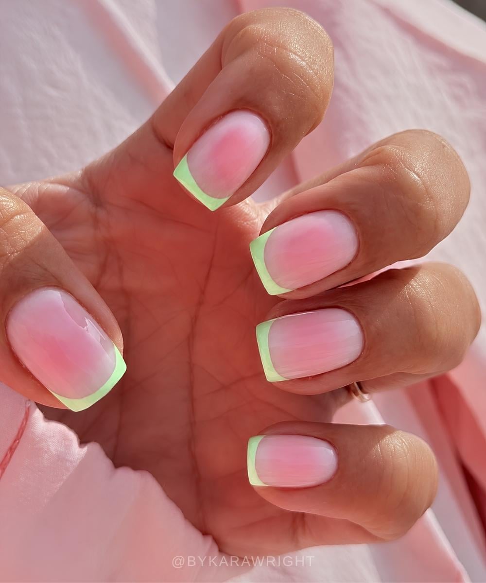 Mint green French mani on pink aura base
