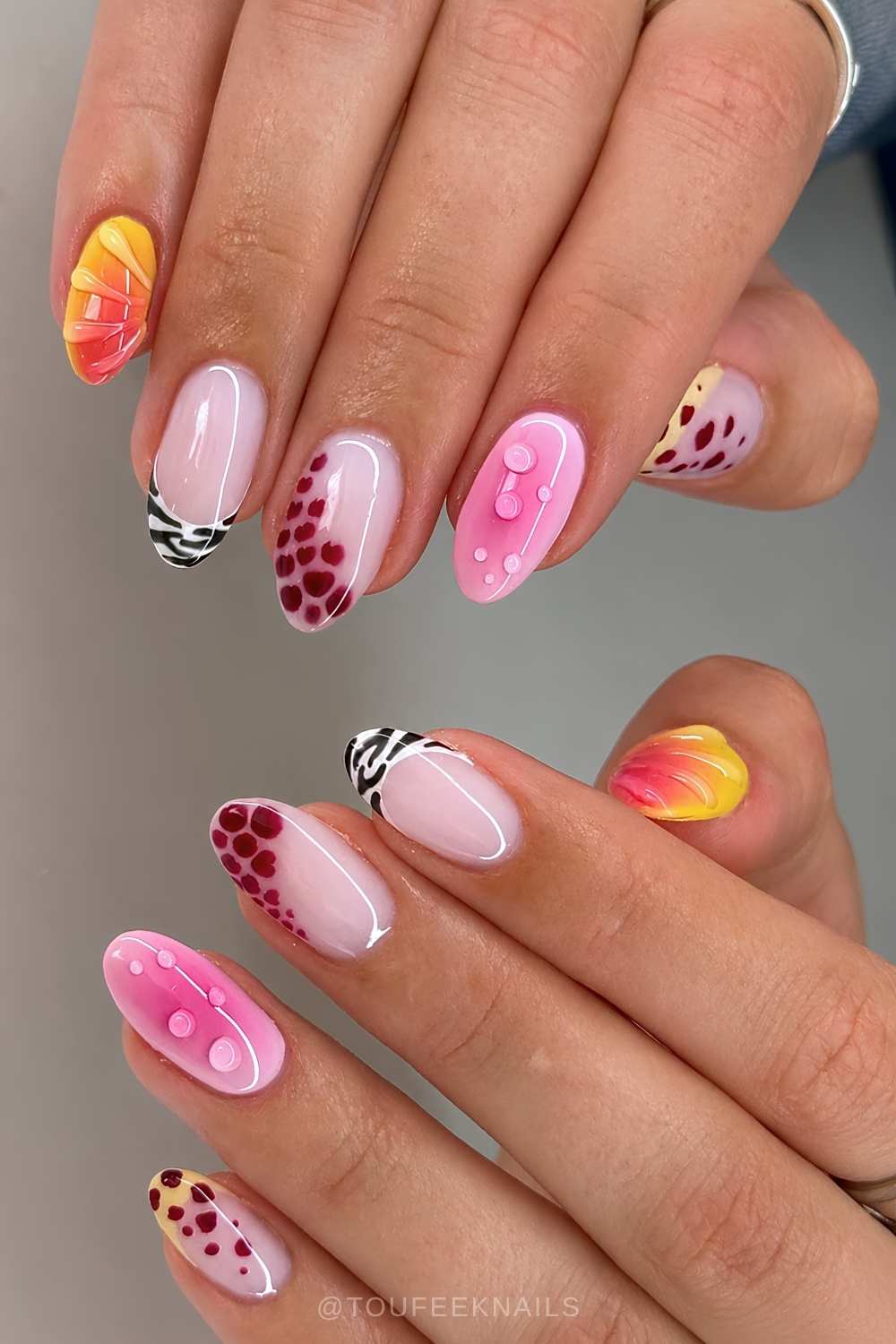 Pink and yellow mani with animal print accents