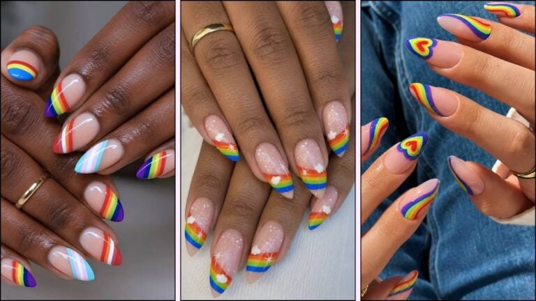 A collage of rainbow nail designs
