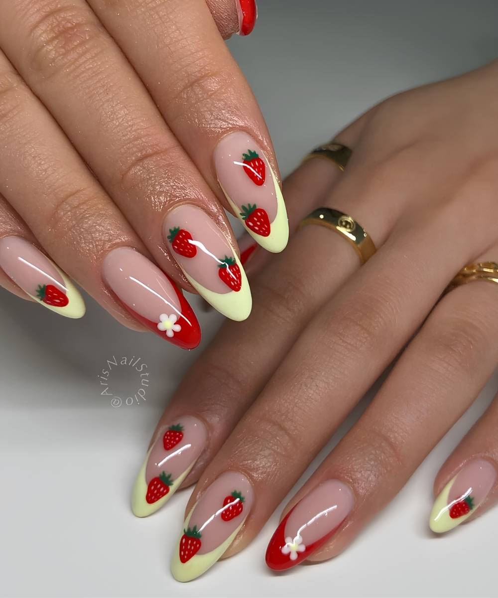 Red and yellow French nails with strawberry art
