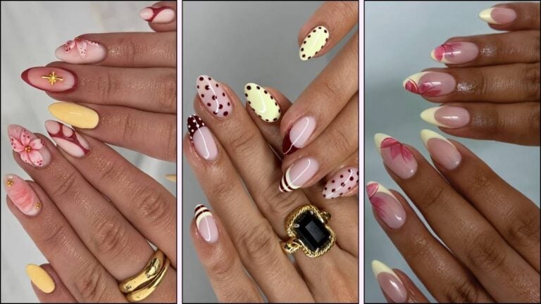 A collage of red and yellow nail designs