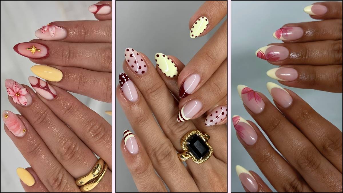 A collage of red and yellow nail designs