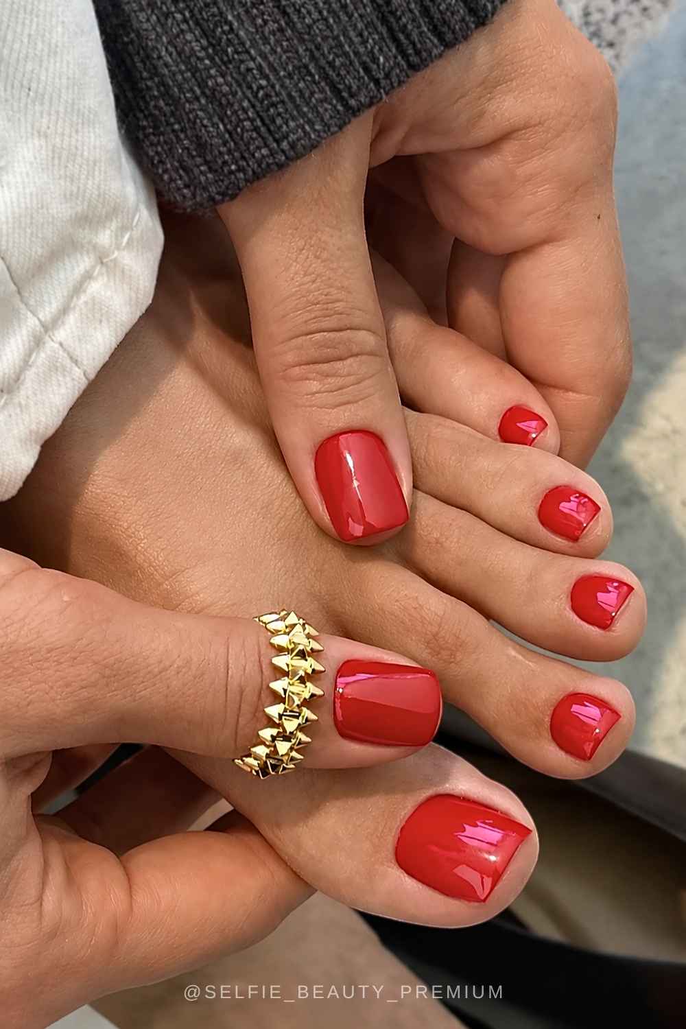 Red square manicure and matching pedicure