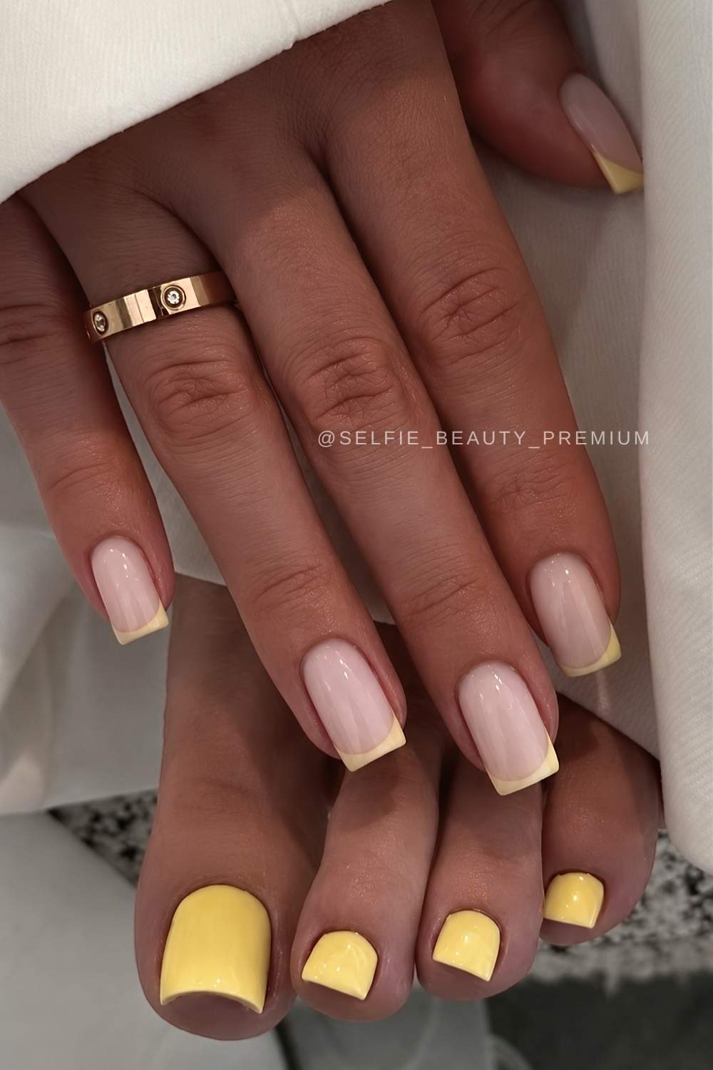 Short yellow French mani and yellow pedi