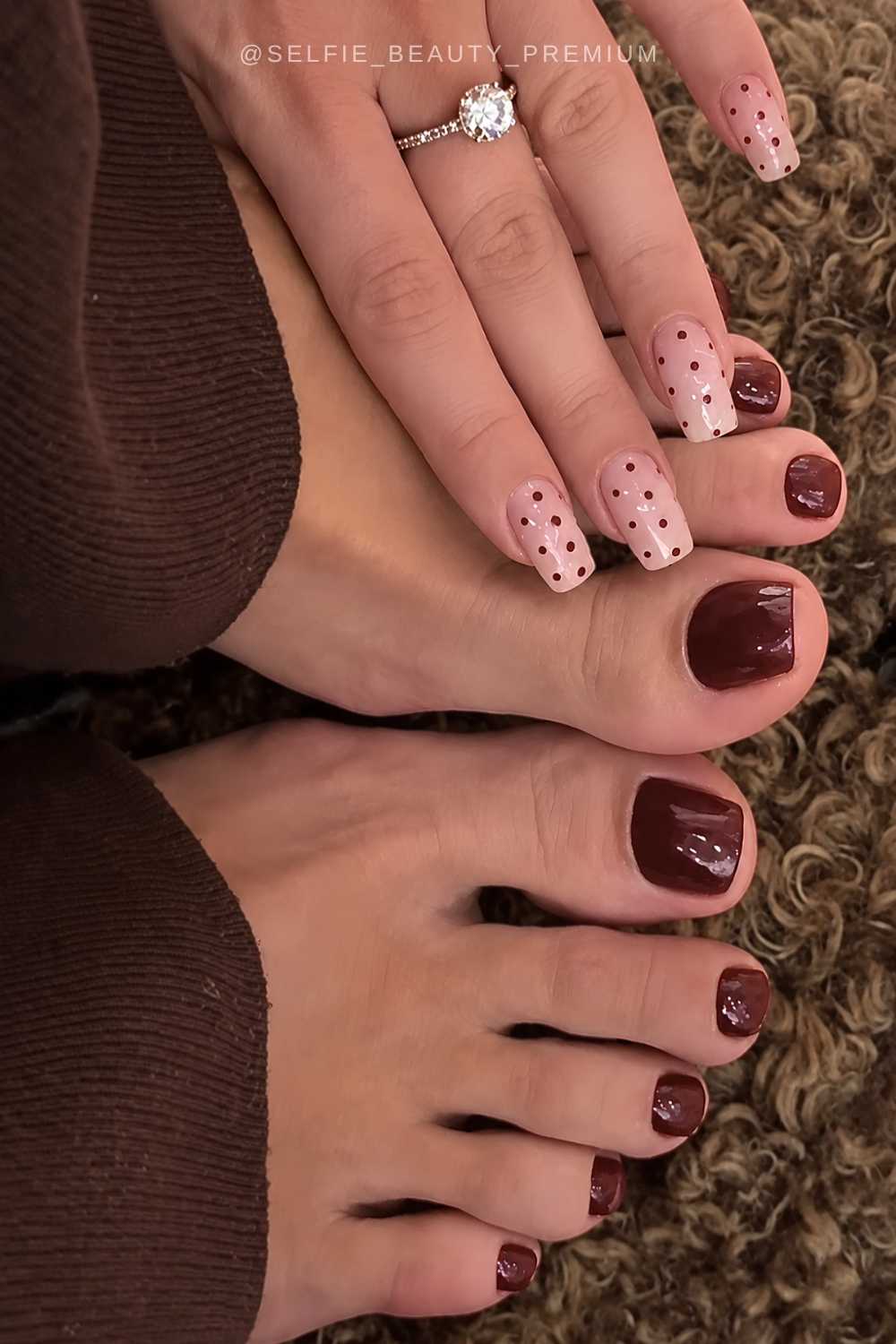 White and brown polka dot mani and brown pedi