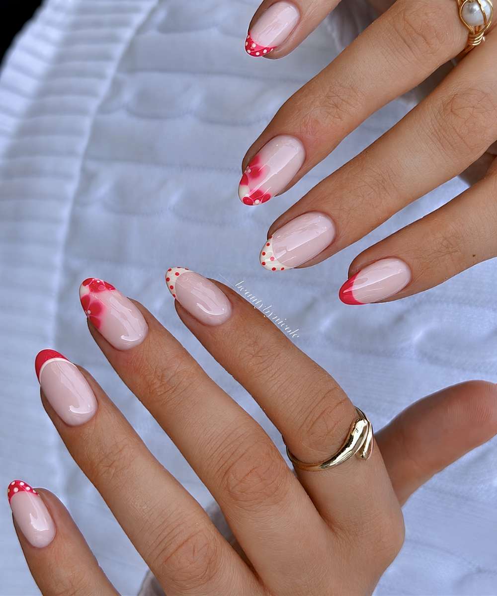 Yellow and red French mani with dots and flowers