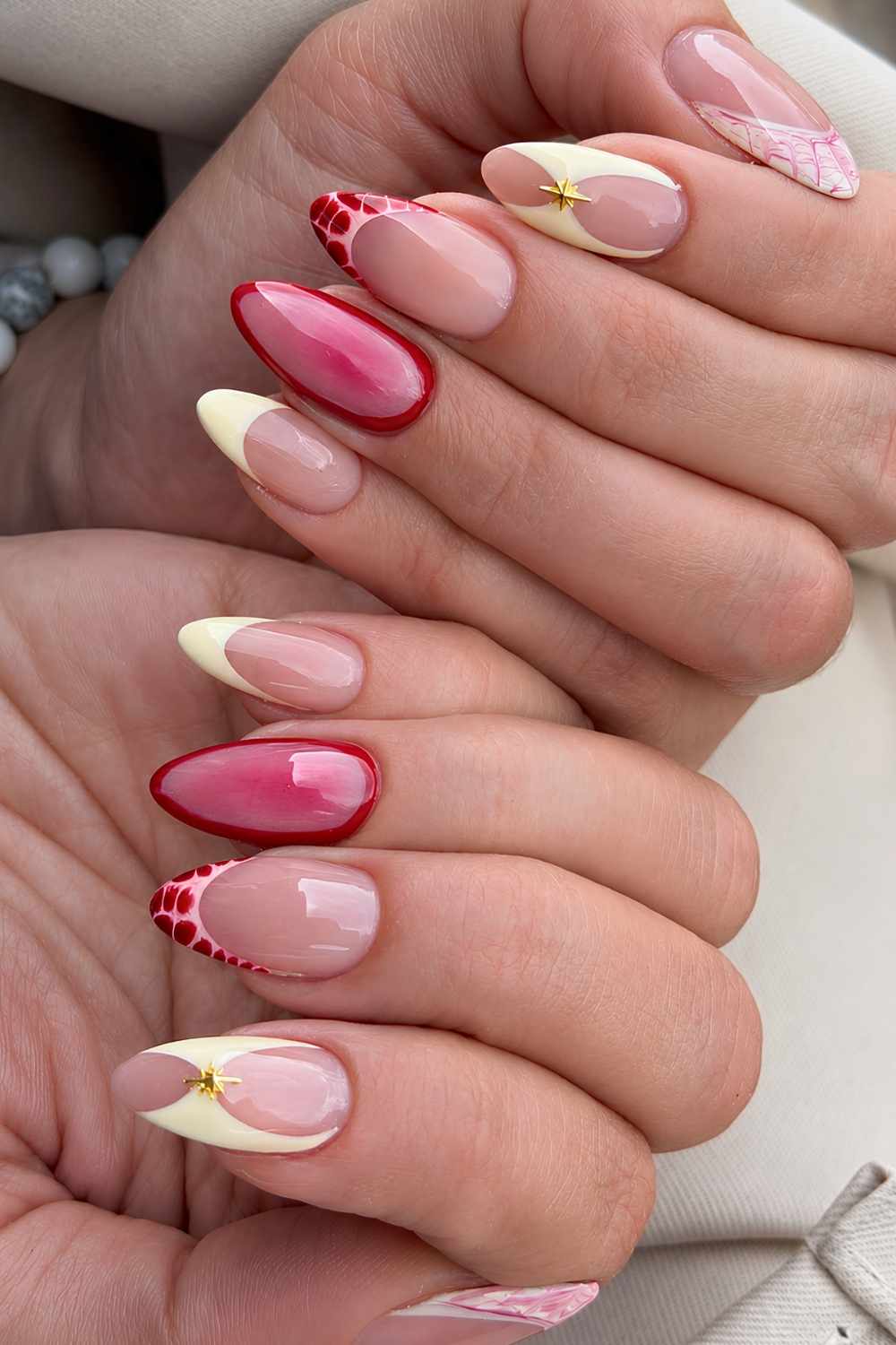 Yellow and red manicure with animal print