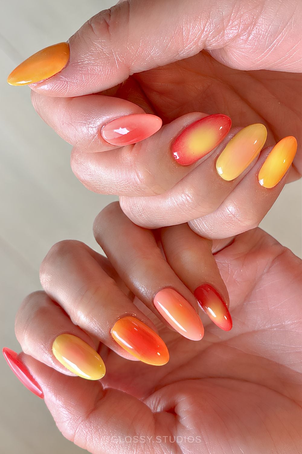 Yellow and red sunset aura manicure