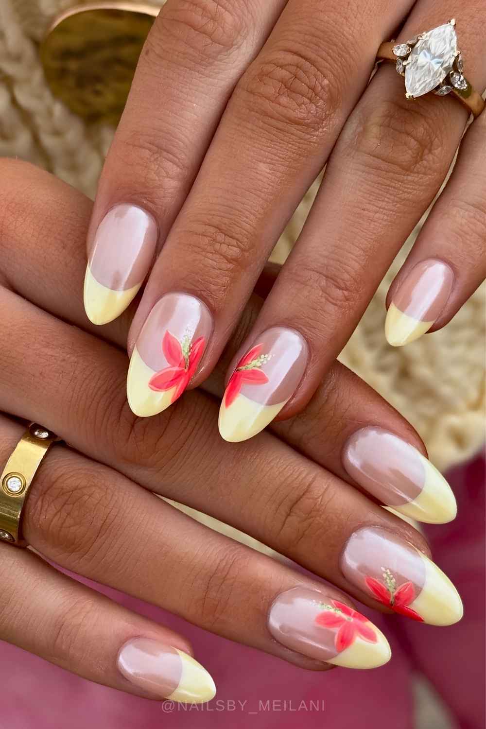 Yellow chrome French nails with red florals