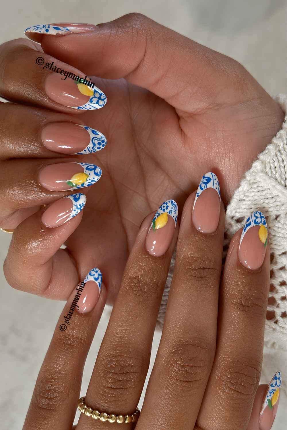 Blue and white floral French nails with lemons