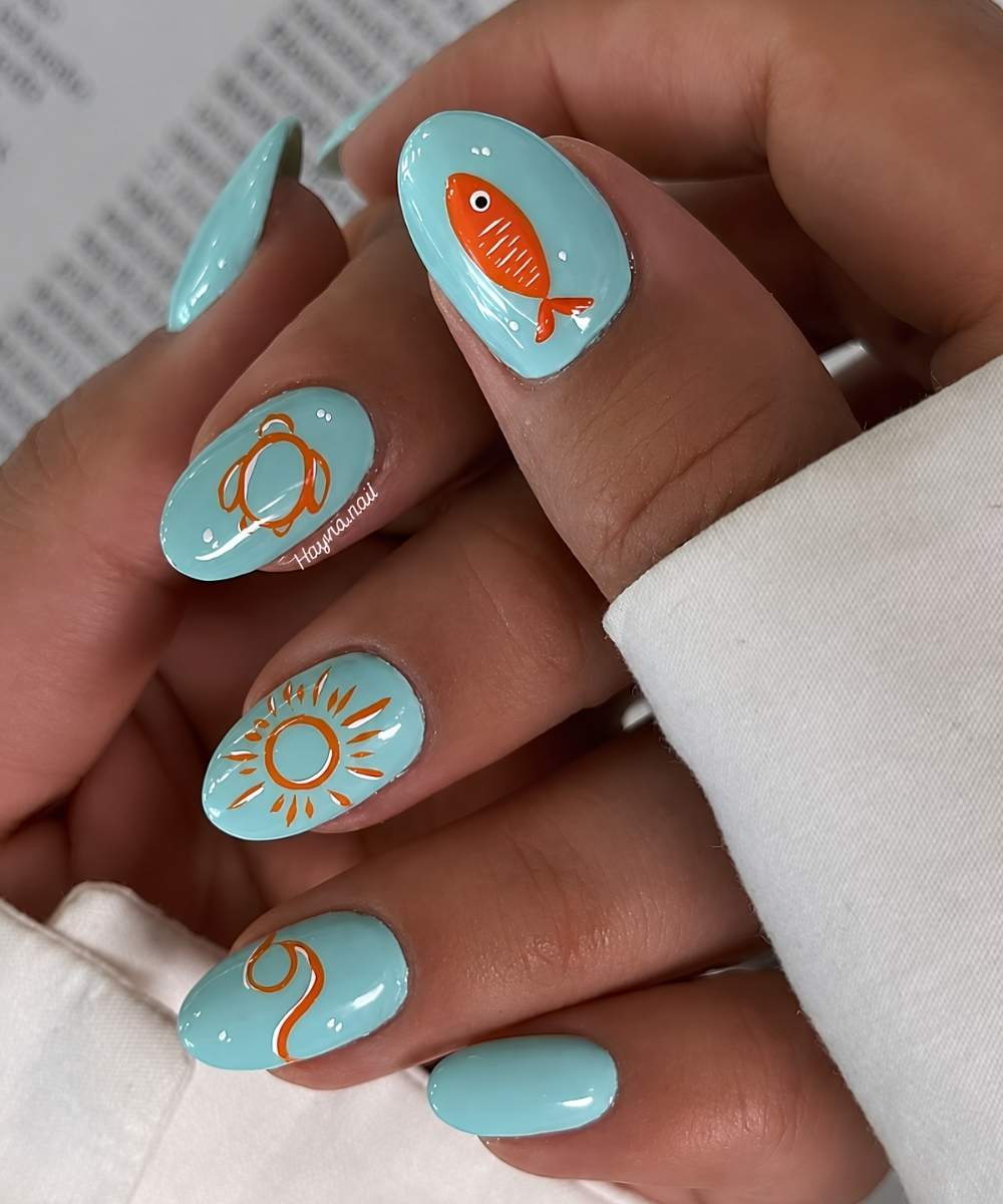 Blue mani with orange fish art