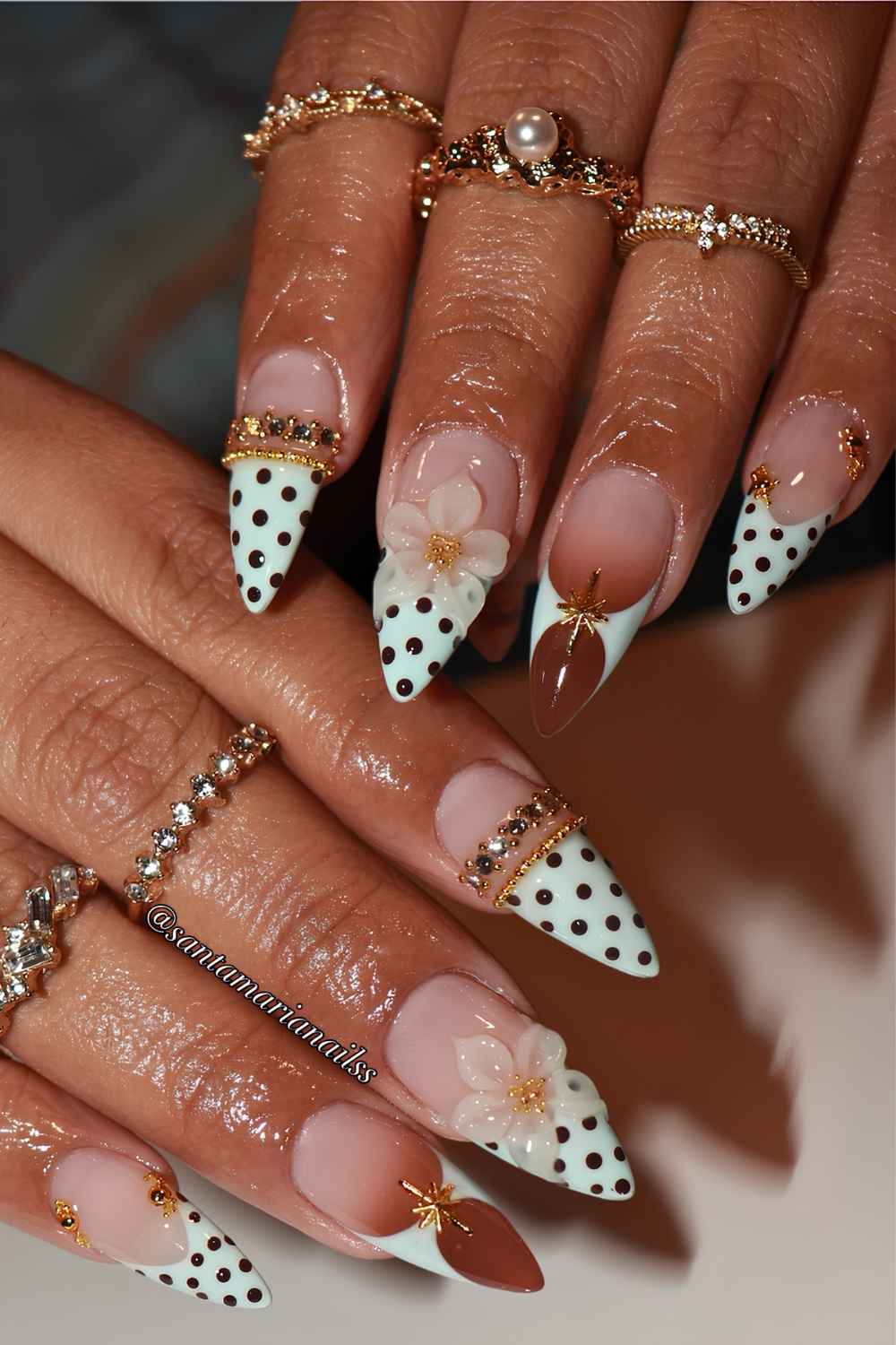 Brown and blue nails with dots and bangle art