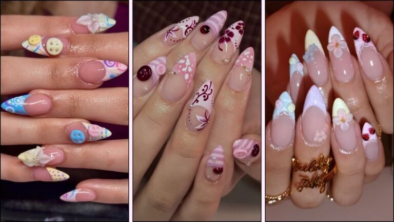 A collage of butto n nail art designs