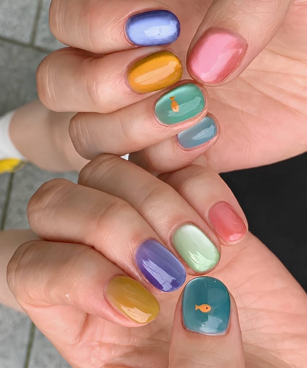Cat eye skittle mani with fish art