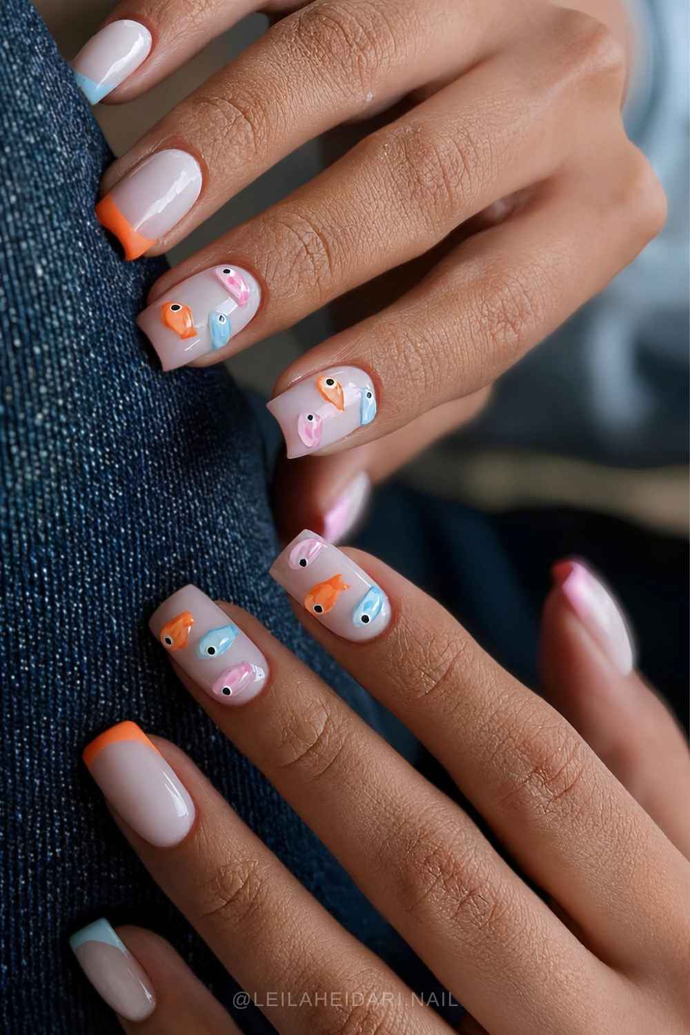 Colorful French mani with micro 3d fish art
