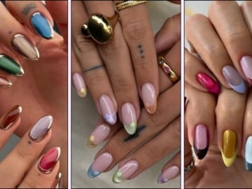 A collage of colorful cat eye nail designs