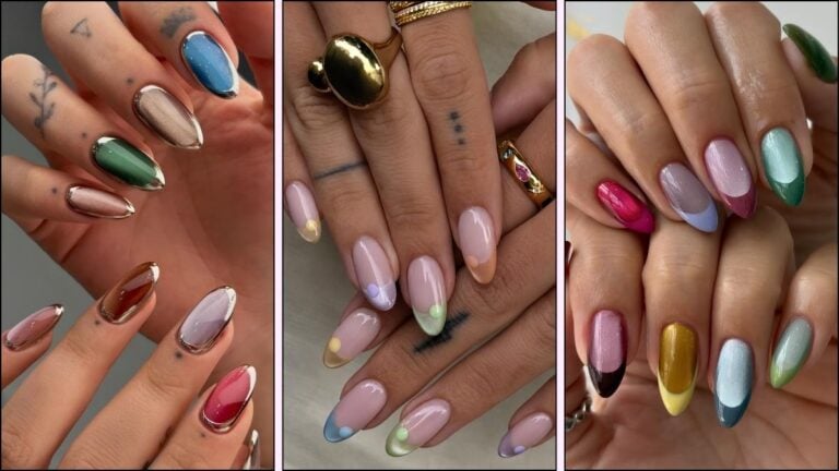 A collage of colorful cat eye nail designs