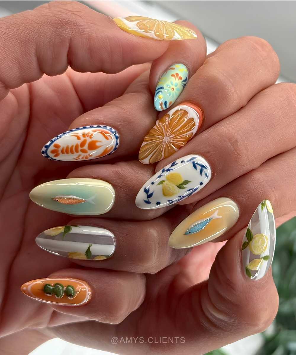 Colorful mani with fruit and fish accents