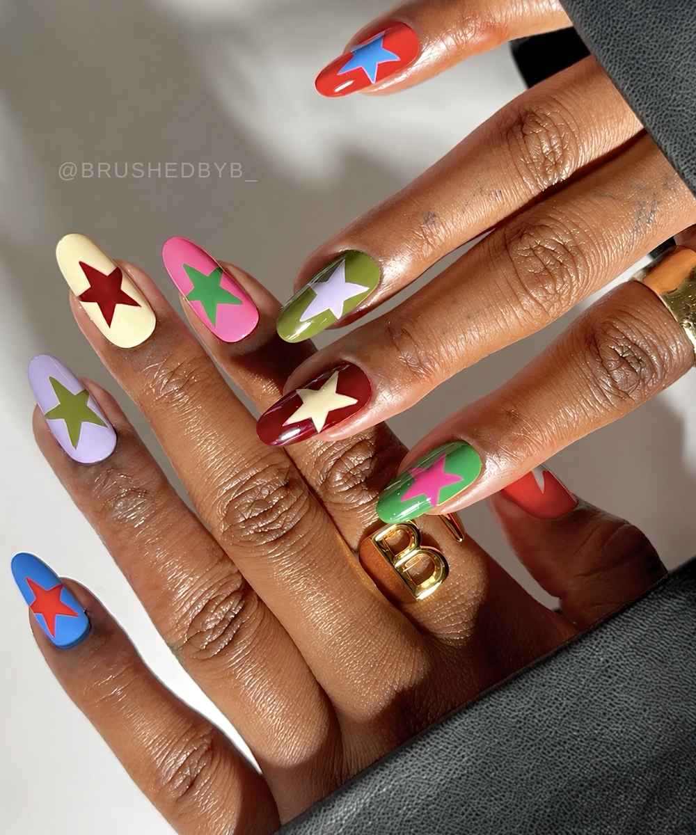 Colorful nails with clashing star art