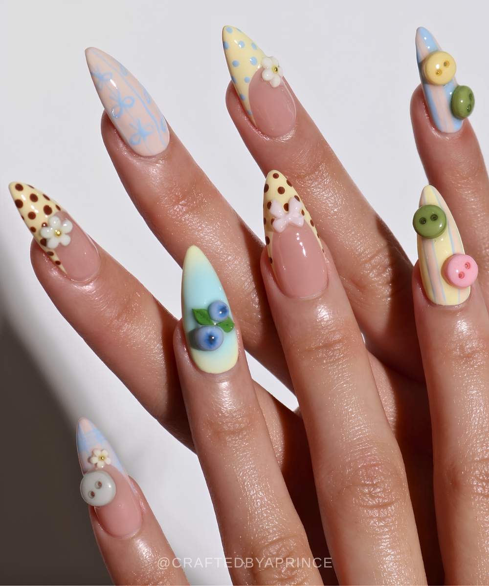 Colorful pastel mani with 3d fruit and button art