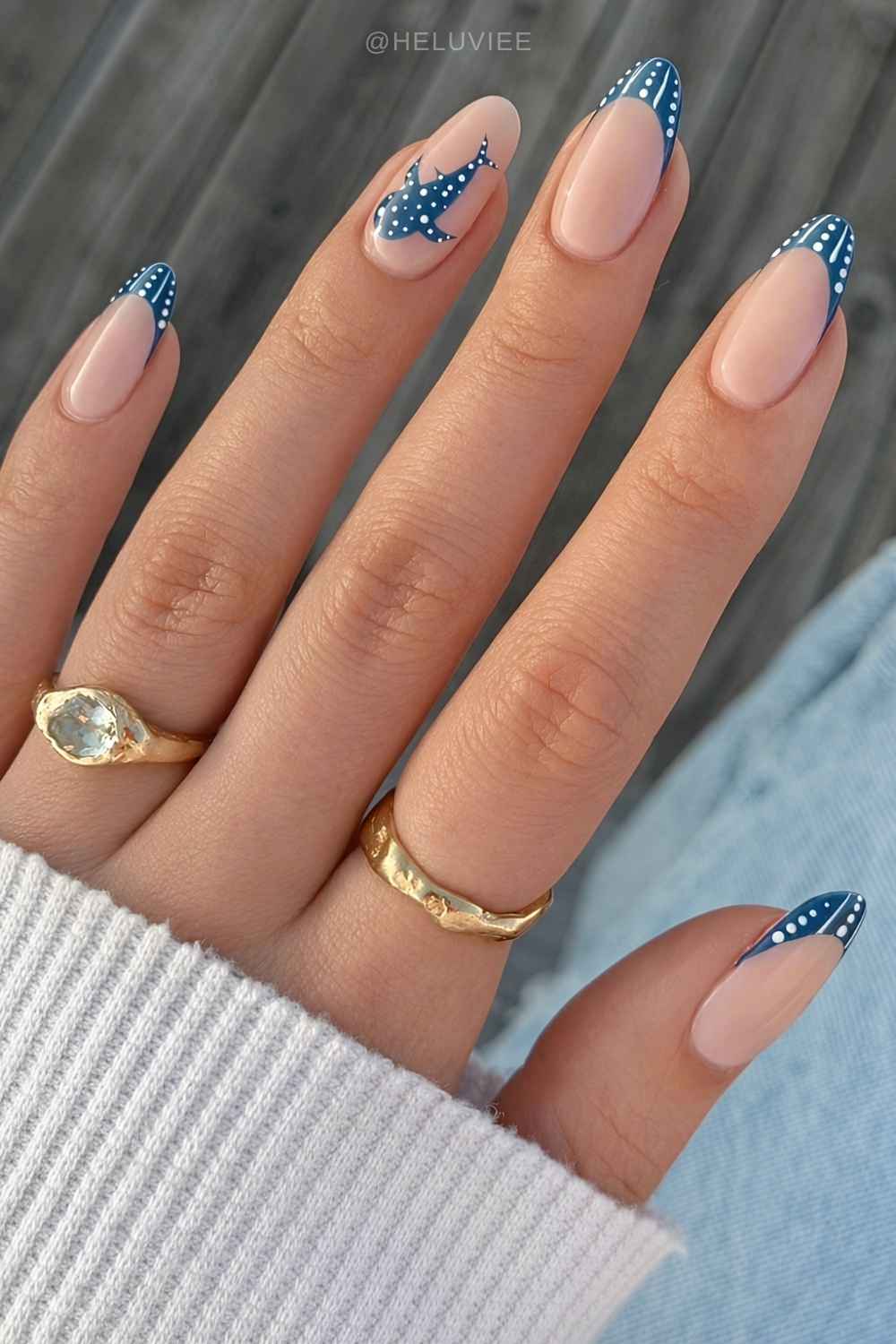 Dark blue French mani with fish art