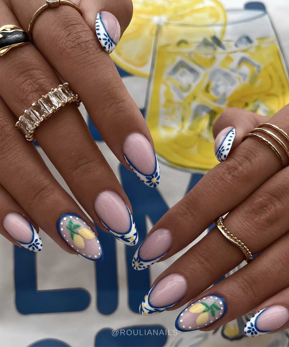 Dark blue and white Italian summer nails with lemons