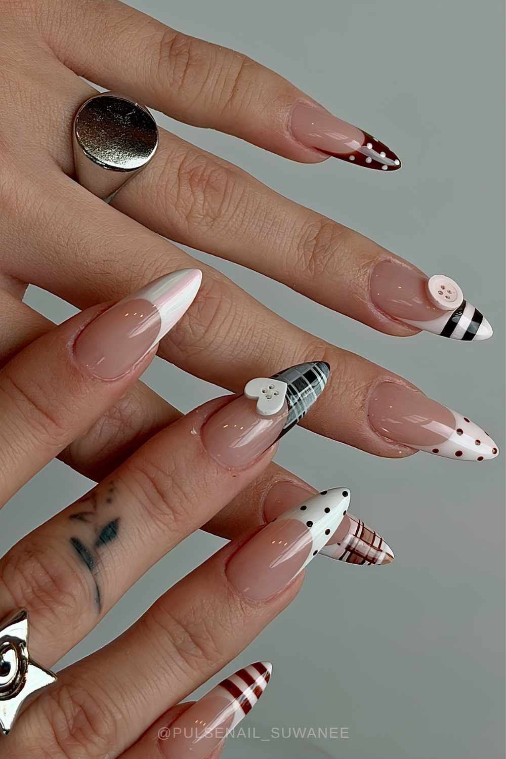 French mani with different patterns and button art