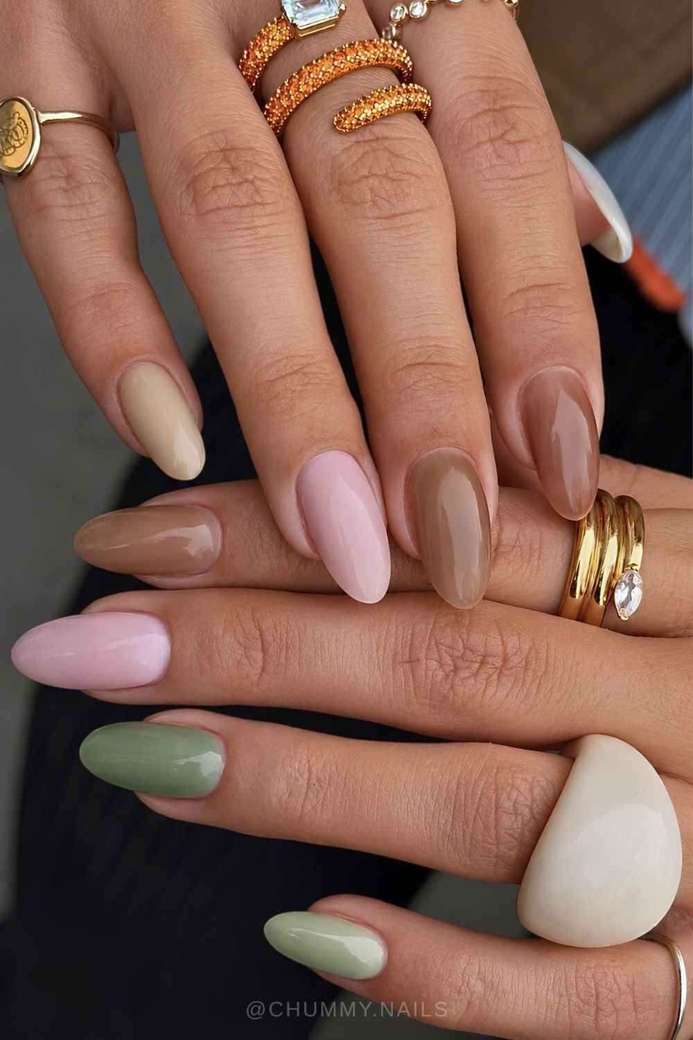 Jelly nails in green pink and brown tones