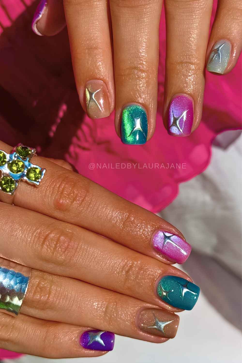 Multi color cat eye nails with silver celestial art