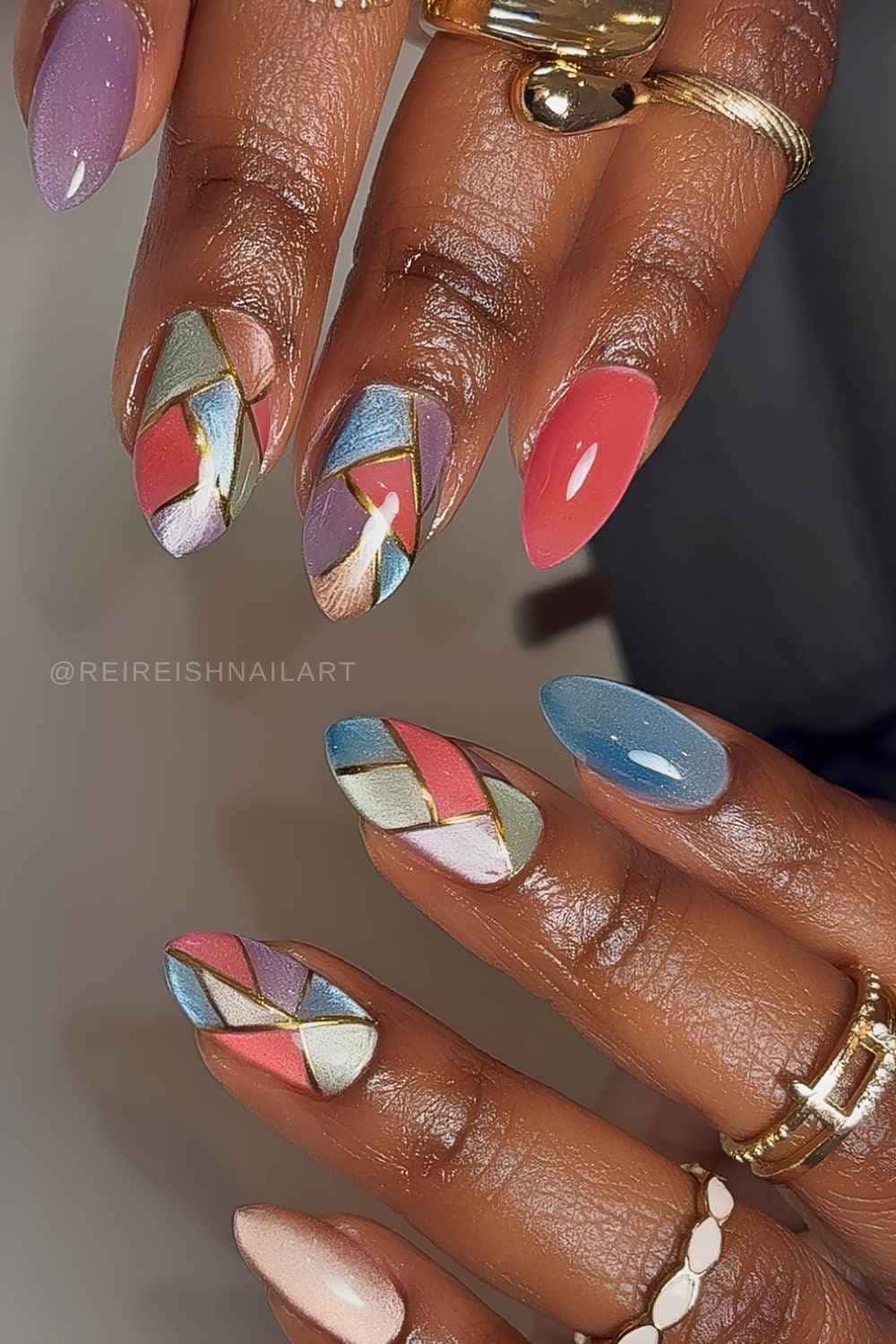 Multicolor cat eye mani with stained glass effect