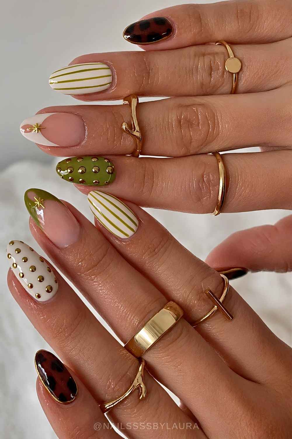 Olive and vanilla nails with tortie shell and metallic accents