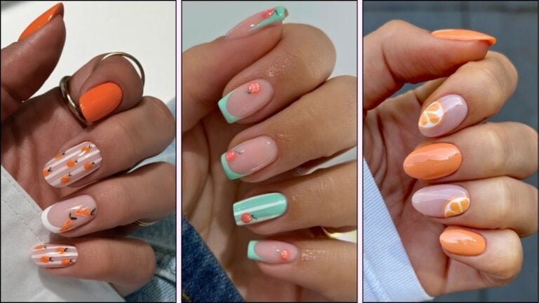A collage of orange fruit nail art ideas