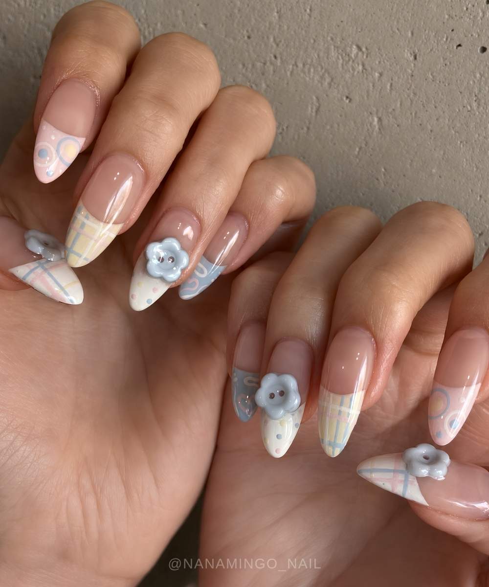Pastel French nails with 3d button art