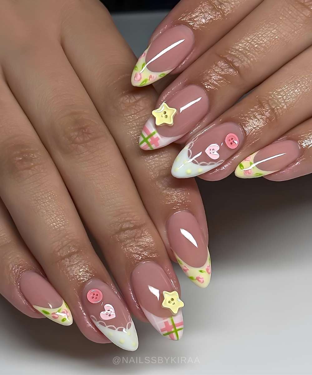 Pastel French nails with buttons and lace art