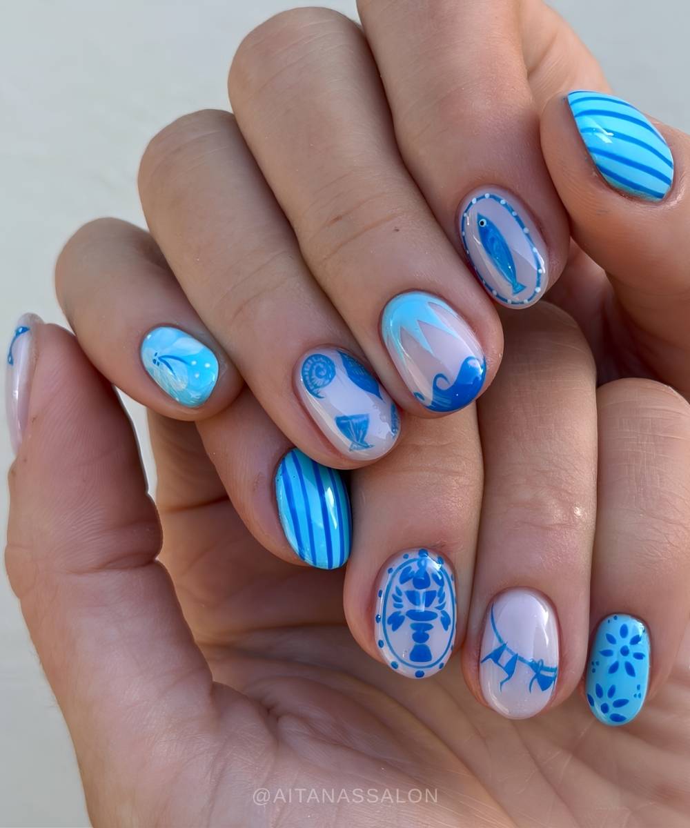 Short blue ocean inspired nails