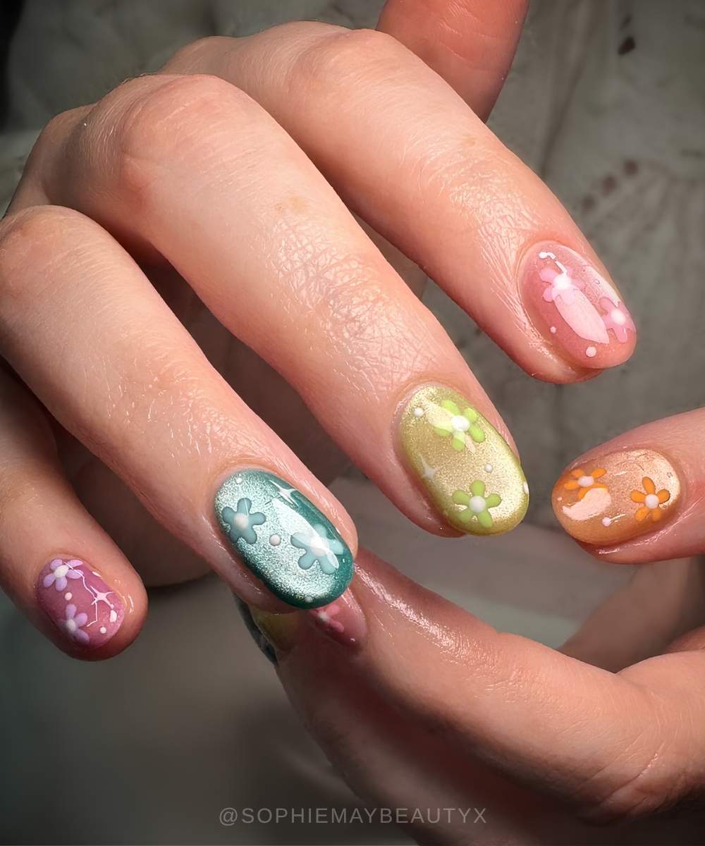 Skittle cat eye nails with floral art