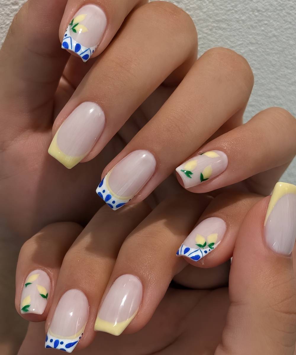 Squoval royal blue and yellow nails with lemons