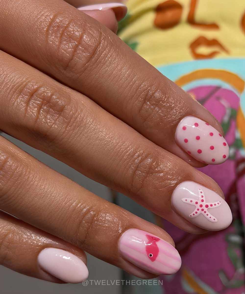 Two tone pink mani with fish and polka dot art