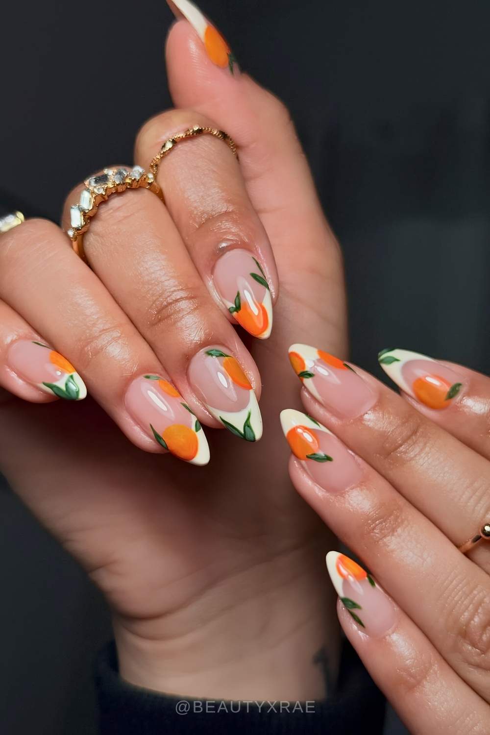 Vanilla French mani with orange fruit art