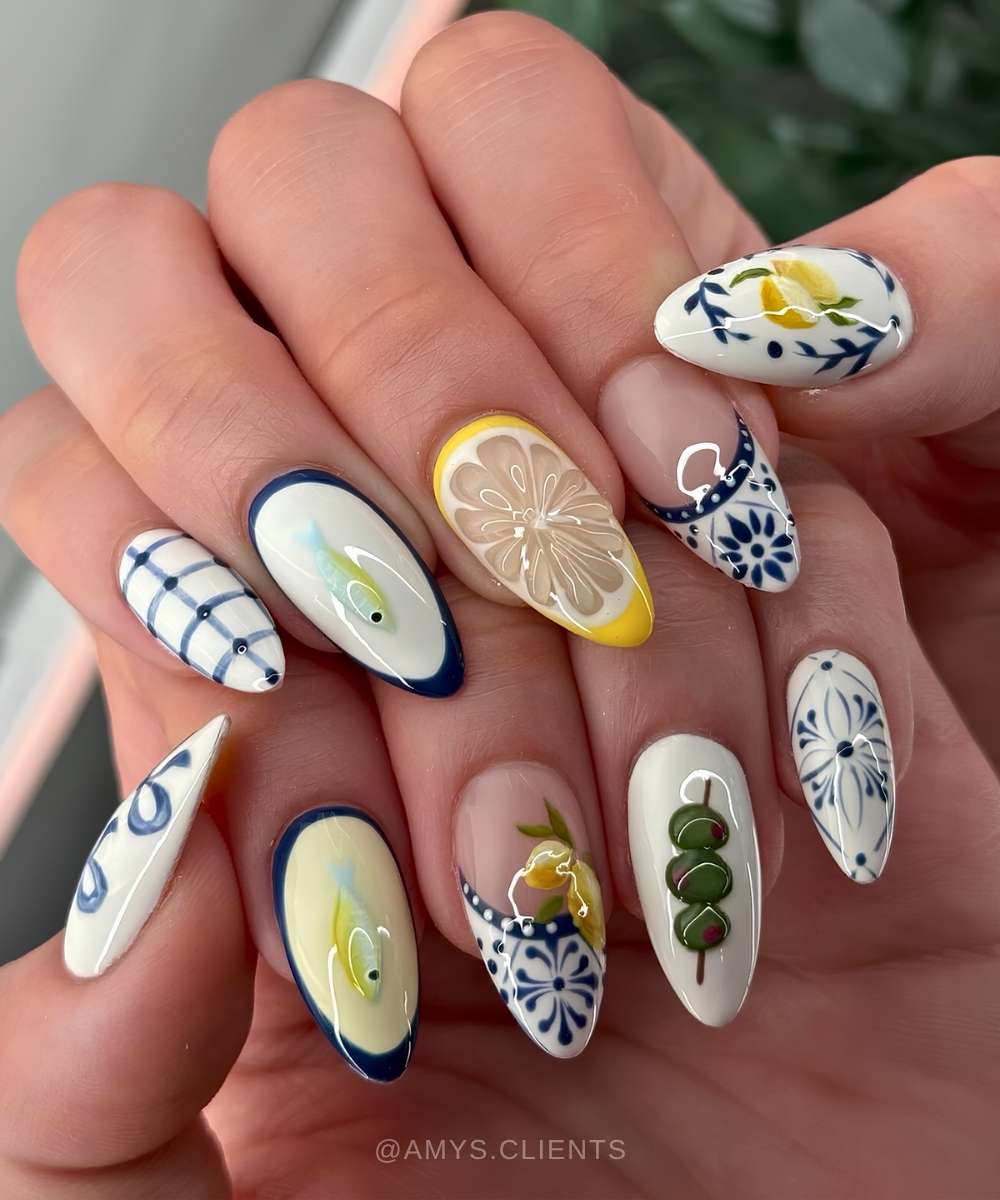 White nails with Italian summer inspired motifs