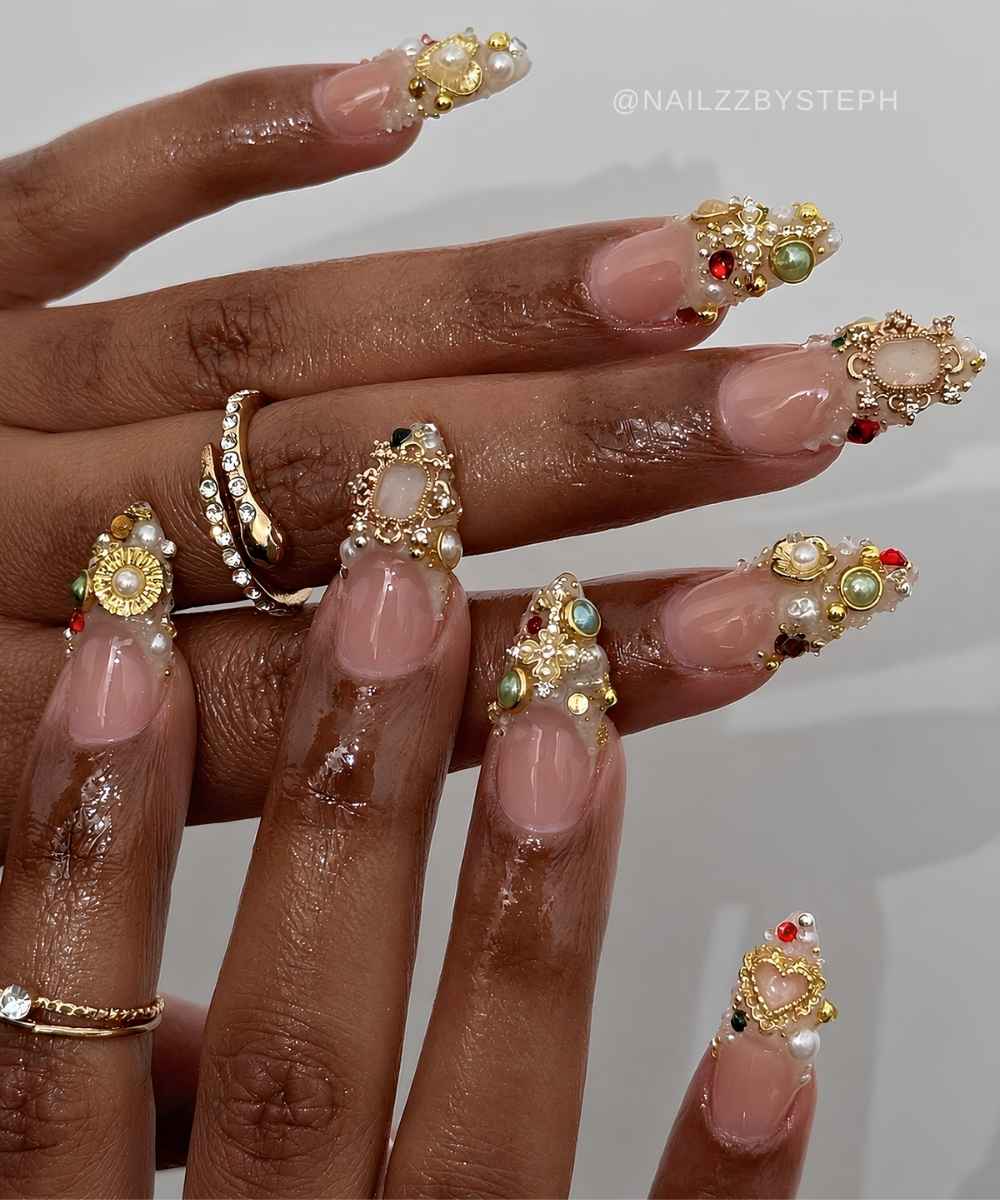 Baroque inspired French nails with gold and rhinestone details