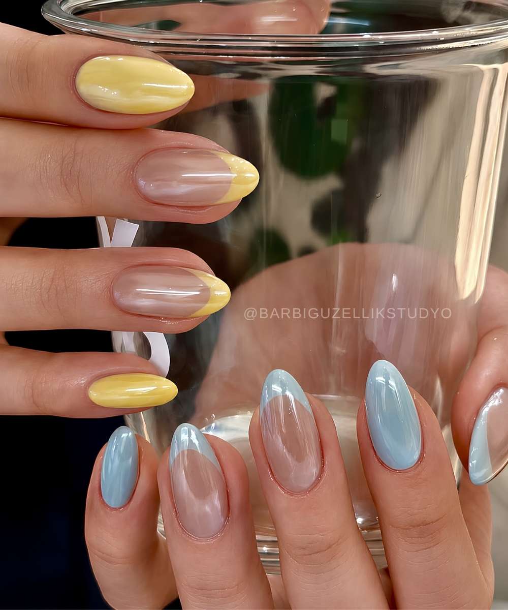 Blue and yellow chrome manicure
