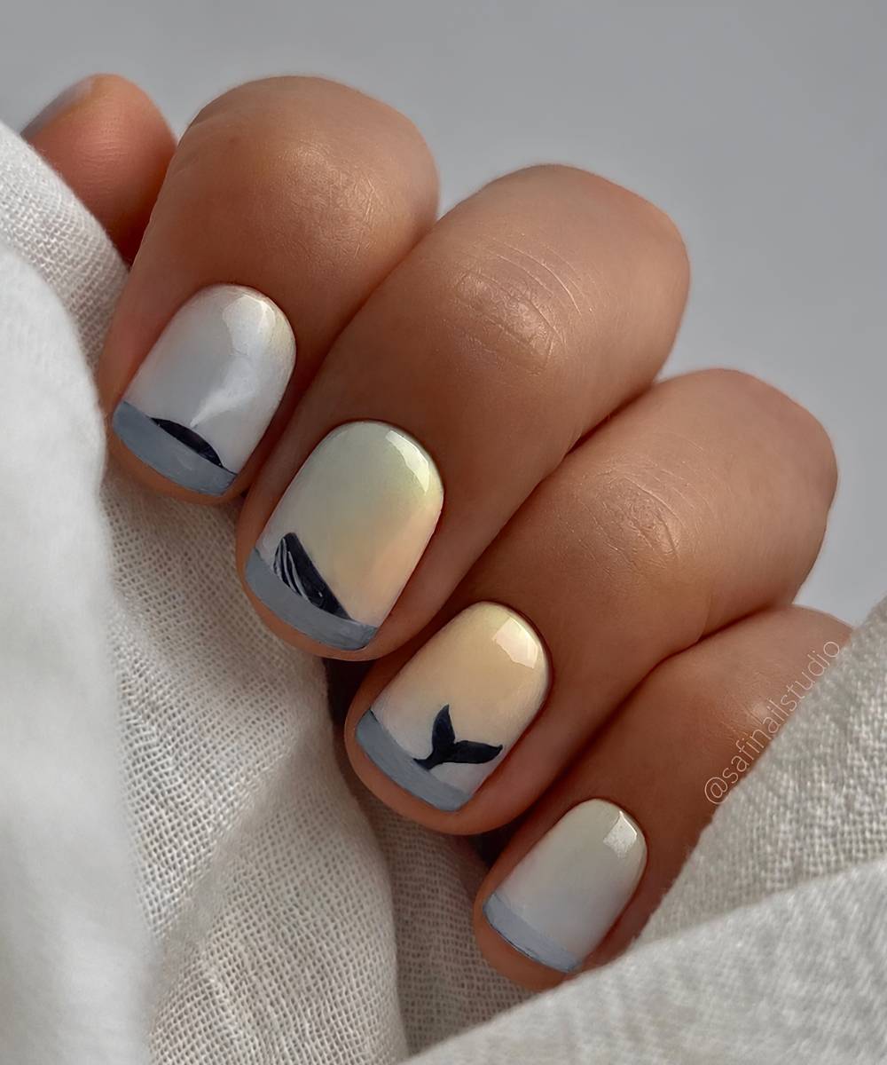 Blue and yellow mani whale art