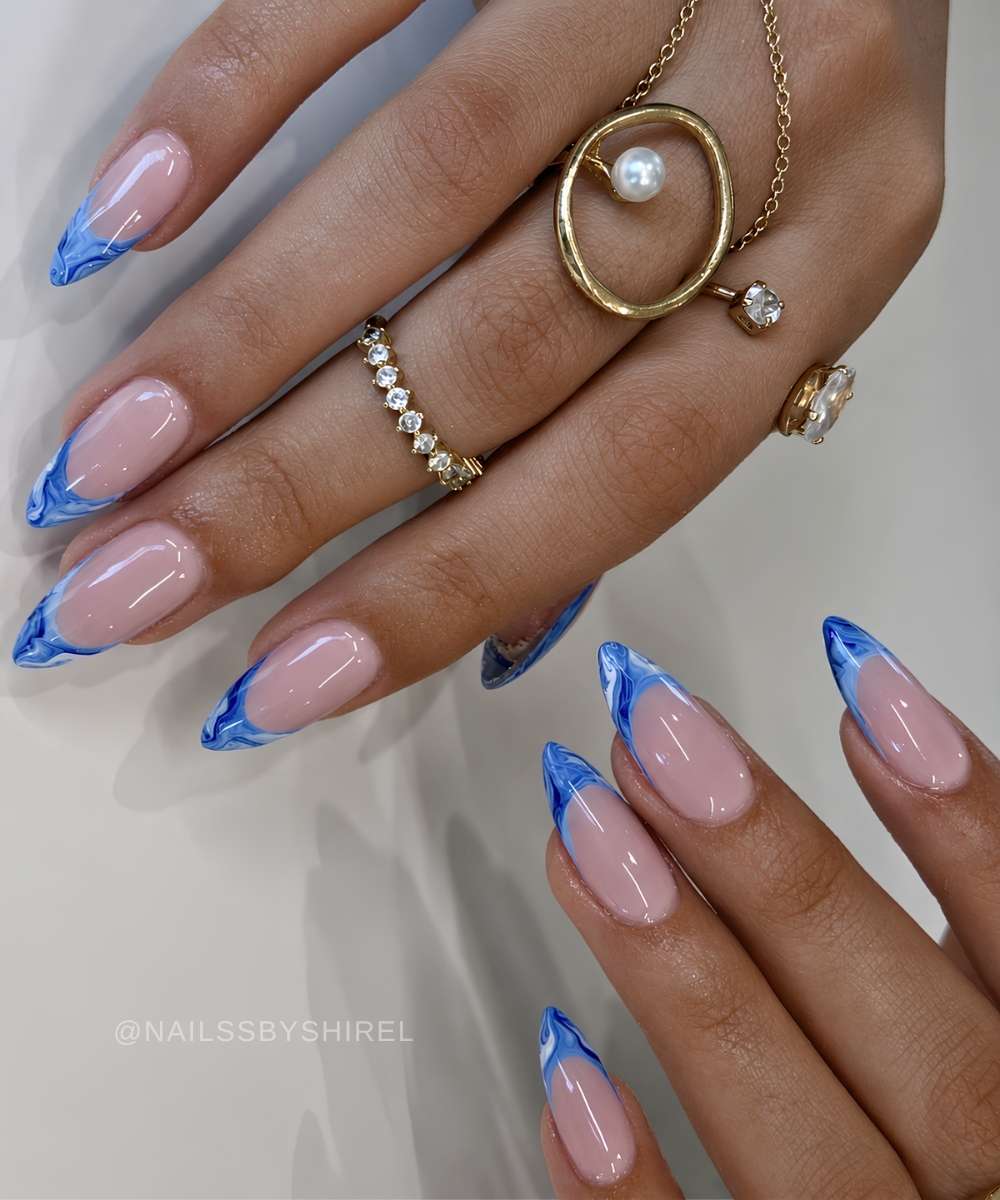 Blue marble almond French manicure