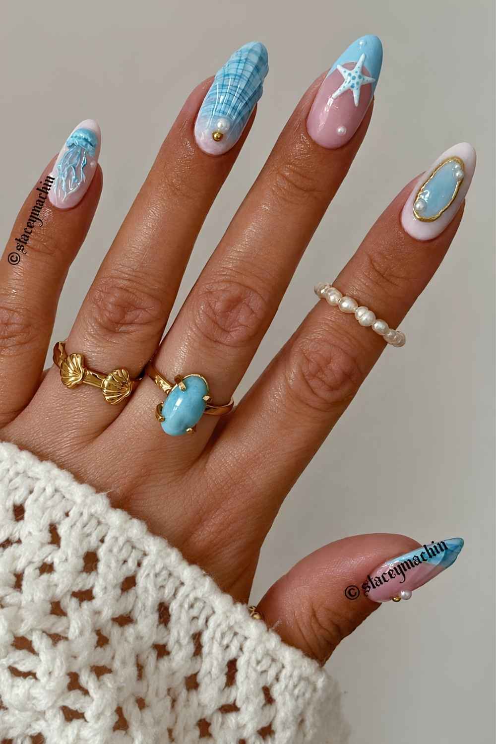 Blue ocean themed mismatched mani